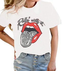 Short Sleeve Animal Leopard Lip Print TShirt WHITE